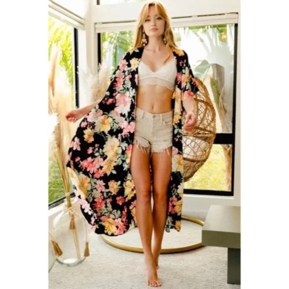 Black Tropical Hibiscus Floral Print Long Maxi Kimono Duster Wrap Coverup - Picture 2 of 3